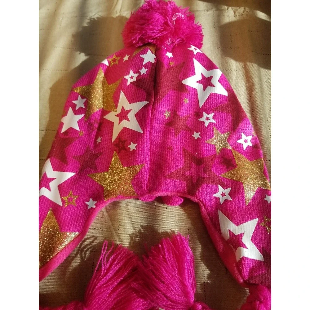 American  Girl  Pink/Gold Star  Pom Pom‎ Tie Knit Hat/Gloves Size 8+ Years